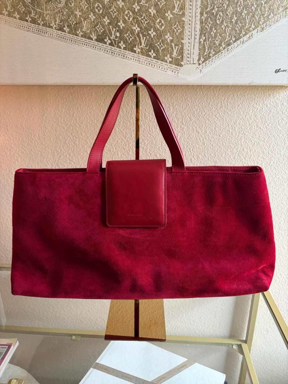 Vintage Burberry Red Suede Shopper Tote with Leather Trim